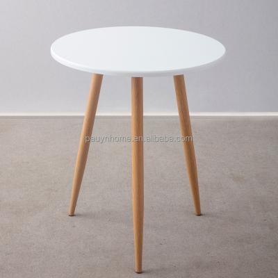 China Simple Design Adjustable Cheap Round MDF Restaurant Wooden (Height) Dining Table With Metal Frame for sale