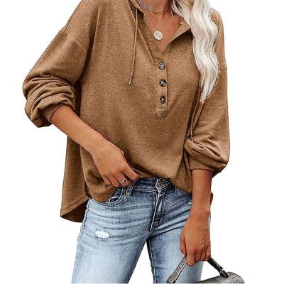 China Anti-wrinkle Autumn Women's Hoodies V-Neckline Loose Sheath Long Sweatshirt Buckle Sports Solid Hoodies for sale