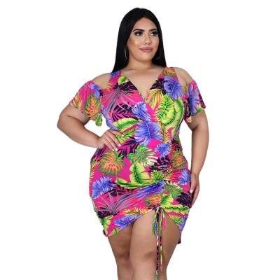 China Low MOQ Nice Anti-wrinkle Design Pleated Print V-Neckline Hollow Off The Shoulder Mini Dress Ladies for sale