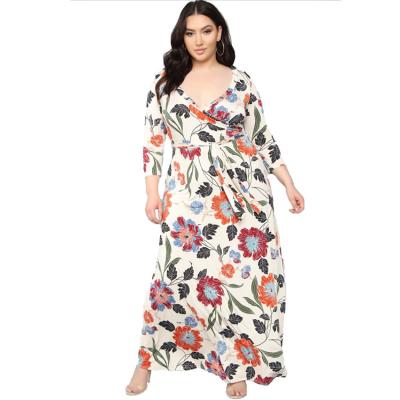 China Manufacturer Best Selling Fall Clothing Women's V-Neck Flower Printing High Waist Dress Anti-wrinkle Long for sale