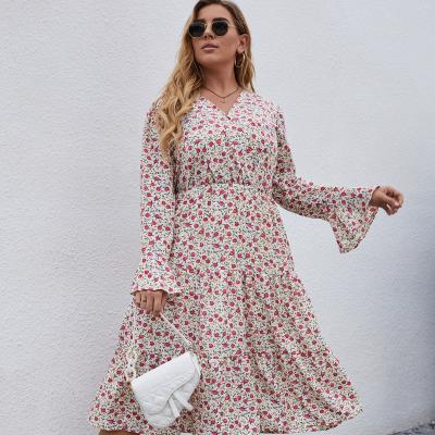 China Autumn Long Sleeved Deep V-Neck Floral Print Hot Selling Anti-wrinkle Women's Long Dress for sale