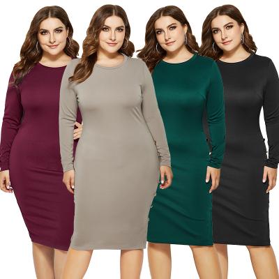 China Breathable Plus Size Women Clothing Button Fashion Round Neck Sleeve Hip Solid Color Hip Top Selling Dress for sale