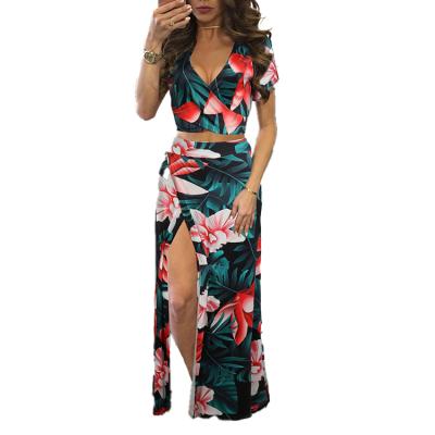 China New Style Fashion Crop Breathable Summer Printed Top And Slit Skirt Two Piece Set For Women for sale