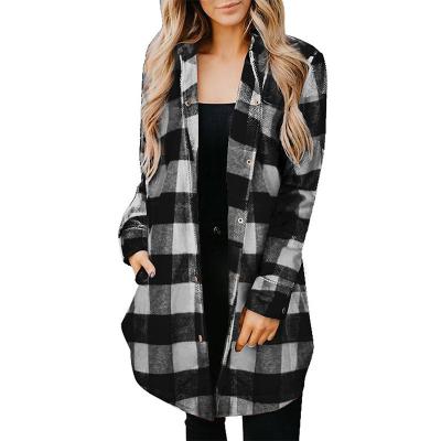 China Hot Selling Amazon Women Lapel Anti-pilling Plaid Midi Long Sleeve Casual Shirt Jackets for sale