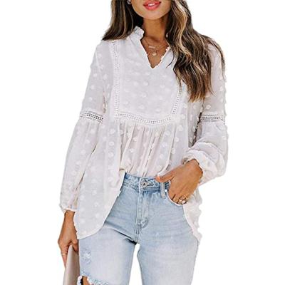 China New Autumn Anti-Wrinkle High Quality Bowknot Lace Chiffon Collar Lotus Jacquard Ball Shirt Long Sleeve Women Top for sale