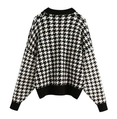 China Retro Anti-Wrinkle Women Geometric Casual Houndstooth Lady Pullover Knitted Sweater for sale