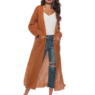 China Anti-Wrinkle Fashion Split Front Solid Thick Open Front Women Creme Soft Lady Warm Long Pocket Cardigan for sale