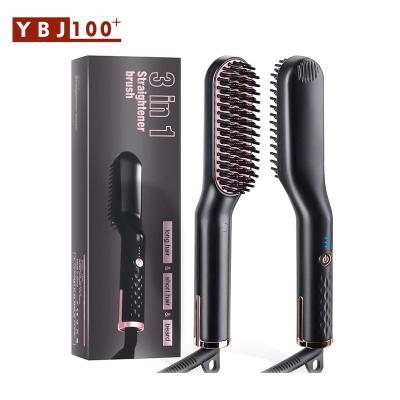 China YBJ Car Electric Ceramic Fast Heating Beard Straightening Brush Comb Mini Mens Hair Straightener Hot Iron Comb for sale