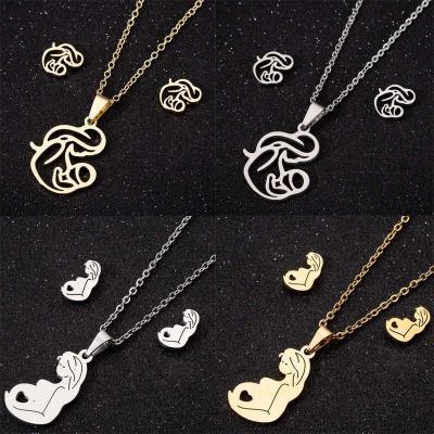 China FASHIONABLE High Quality 18K Gold Plated Stainless Steel Heart Mom Earrings Jewelry Set Baby Pendant Gift Necklace for sale