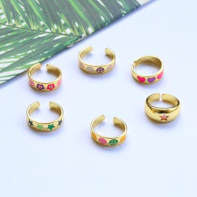 China Beautiful TRENDY Rings Women 18K Gold Plated Adjustable Colorful Star Smile Heart Brass Enamel Band Ring for sale