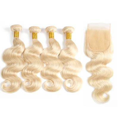 China 100% Blonde Brazilian Virgin Human Hair Bundles Closure Blonde 100% Meche Bundles With Closure for sale