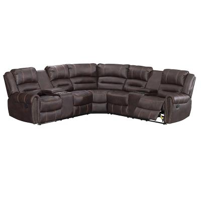 China BROWN EXTENDABLE LIVING ROOM FURNITURE EXTENDABLE BROWN AIR LEATHER HEAD-ARM NAIL COMFORTABLE HOME SECTIONAL SOFA 3 PCS for sale