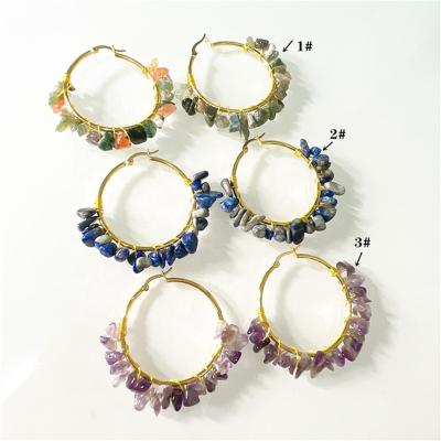 China BOHEMIA Bohemian Big Handmade Natural Gravel Wrapped Earrings Fashion Amethyst Lazulite Gold Plated Irregular Gravel Earrings for sale