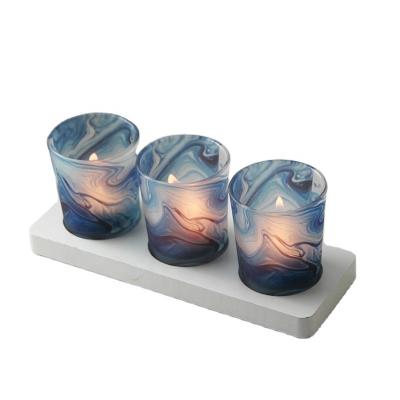 China Home Decor Nordic Blue Printed Wooden Bottom Glass Candle Holder Modern Romantic Set of Three Piece Candlelight Dinner Candle Holders of 3 for sale