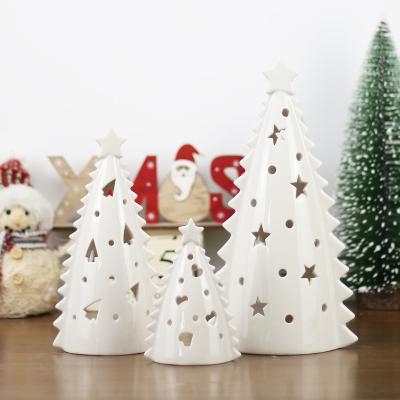 China Home Nordic Ceramic Tree Ornaments Christmas Style Decoration Candle Holder Living Room Porch Hollow Christmas Candle Holder for sale