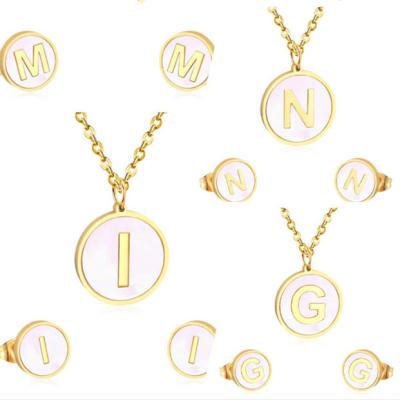 China New TRENDY Rose Gold Plated Stainless Steel Round Shell 26 Alphabet Letters Charm Pendants Necklaces Plus Earrings Jewelry Sets for sale