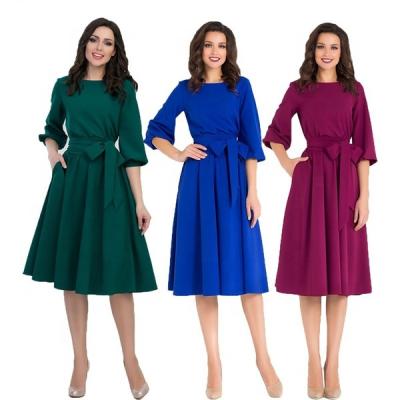 China Casual Soild Knee-Length Lantern Sleeve A-Line Dress Women O-Neck Half Sleeve Elegant Sashes Breathable Pocket Line for sale