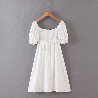 China Anti-Static Ready to Ship 2021 Summer Women's Custom Made Private Label Mini Dress Loose Crew Neck Ruffle Sleeve Babydoll White Simple Casual Dress for sale