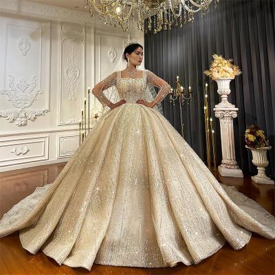 China Fully Breathable Sequins Dresses Women Wedding Lace Tulle Fabric Ball Gown Wedding Dress Shiny Square Collar Bridal Wedding Gowns for sale