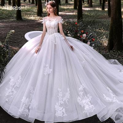 China Jancember LDR26 Luxury Short Sleeve Trailing Bridal Gown Long Sleeve Anti-Static White Tulle Lace Wedding Dress for sale