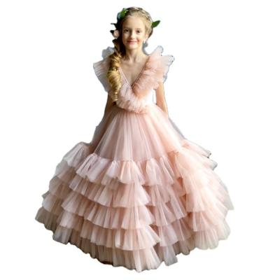 China 2022 Fashion V-Neck Princess Wedding Party Tulle Fairy Flower Girl Dresses Washable Eco-Friendly Girl Dress Boutique Girls V-Neck Skirt Breathable Big New For Kids for sale