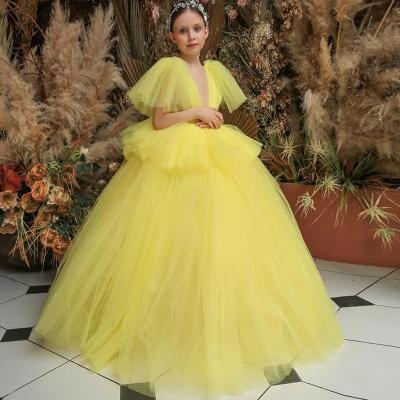 China Regular Simple Yellow Ball Gown Bridesmaid Dresses Wedding V-Neck Birthday First Birthday Robe De Demoiselle Children's Pageant Communion Dresses for sale