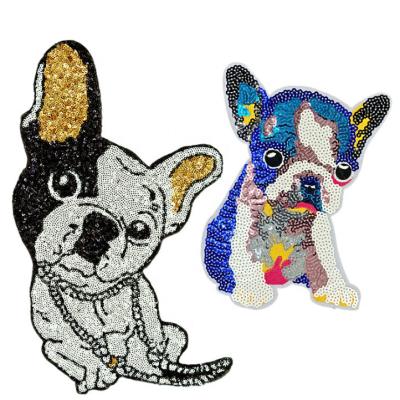 China Viable Bulk Cheap College Cloth Iron On 3d Stock Heat Press Embroidered Patch Sequins Custom Dog Animals Embroidery Patches for sale