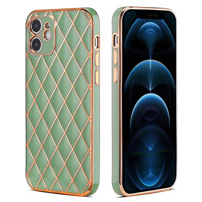 China Luxury Shockproof Electroplating Leather Grid Pattern Phone Case For Apple iPhone 14 11 pro Max Rhombus 12 13 Back Cover Device for sale