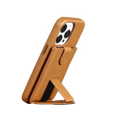 China Leather Magnetic Mobile Phone Stand Credit Card Holder Phone Kickstand Card Holder Fashion Foldable Magnetic Wallet Stand for sale