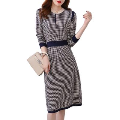 China Anti-wrinkle 2021 latest new arrival sleeve grid print women sexy slim fit lady round neck long sleeve knit sweater dress for sale