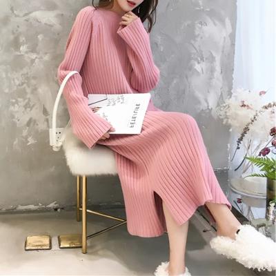 China Anti-Wrinkle Fashion Women Winter Round Neck Thick Side Split Long Sleeve Sweater Dress For Women for sale