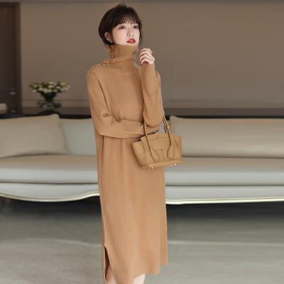 China Anti-wrinkle Elegant Women Winter Button Turtle Neck Long Sleeve Plus Size Loose Fit Side Split Women Cashmere Sweater Dress for sale