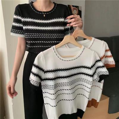 China Anti-wrinkle Girls Summer New Arrival Short Sleeve Stripe Knit Women Sweater for sale