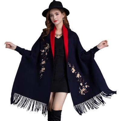 China 2022 New Arrival Spring Women Fashion Elegant Embroidery Women's Striped Floral Tassel Poncho for sale