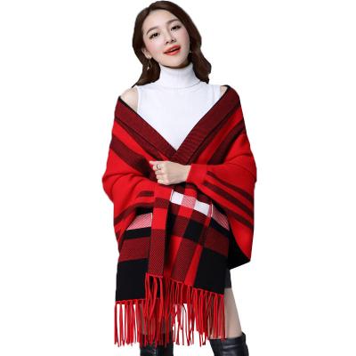 China New Arrival Fashion Acrylic Wholesale Women Open Front Stripe Knitted Tassel Shawl for sale