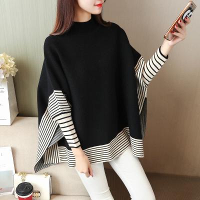 China Fashionable Women Bat Wing Sleeve Anti-pilling Stripe Knit Poncho for sale