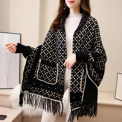 China Luxury Wholesale Winter Fashion Women Thick Warm Mohair Beading Grid Shawl for sale