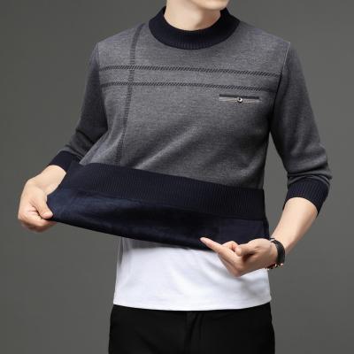 China Anti-wrinkle Mens Winter Crewneck Long Sleeve Loose Fit Stripe Fleece Inside Man Sweater for sale