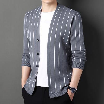 China Anti-wrinkle man's fashionable newcomer formal style stripe knit button open front sweater for sale