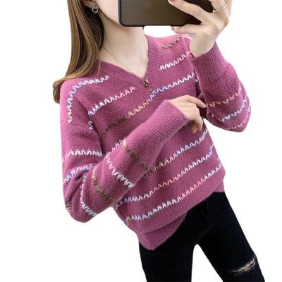 China Anti-wrinkle spring new arrival girls v neck long sleeve slim fit mohair stripe pullover sweater for sale