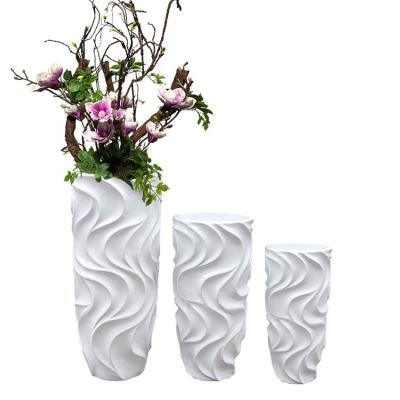 China Art Decor Decorative Modern Style White Wavy Grain Design Fiberglass Flower Pots For Artificial Plants 3 Sizes for sale