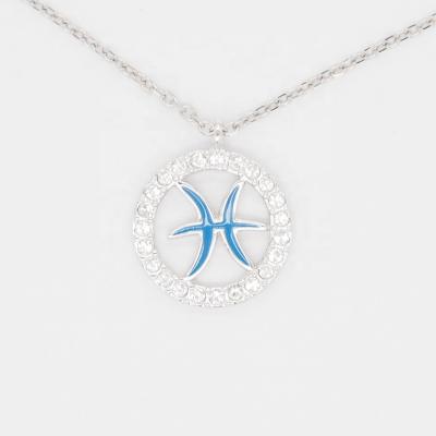 China Classic Resin Crystal Rhinestone Enamel 12 Zodiac Sign Necklace Pendants Charm Rhodium Choker Astrology Pisces Chain Necklaces for sale