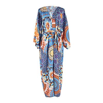 China 2022 QUICK DRY kimono romper wrap tie printing Silk floral blue kimono custom lounge kimono for girl for sale