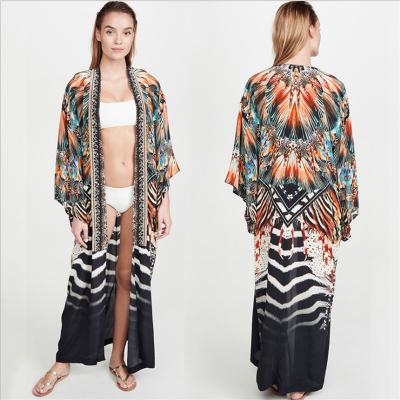 China New Fashion Anti Shrink Setting Printing Cardigan Kimonos With Belt Polyester Cover Up Beach Wear Ladies Kimonos for sale