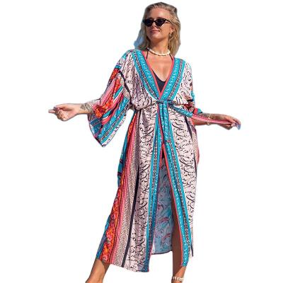 China 15 Colors Anti Shrink Kimono Beach Wear Printed Sexy Long Cardigan Kimonos With Belt Viscose Cover Up Ladies Kimonos for sale