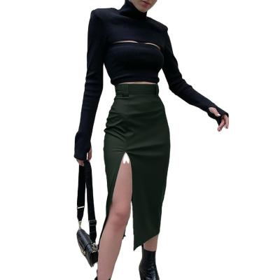 China Anti-Static Sexy Leather Skirts High Split Side Waist Women Midi Slim Fit High Skirt for sale