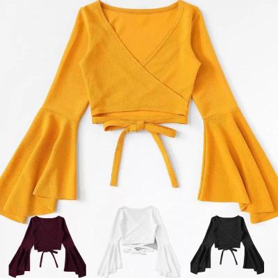 China Yellow Flare Sleeve Tie Edge Ladies Blouses Fashion Clothing Women Anti-Pilling Tops for sale