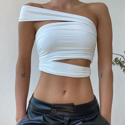 China 2022 new arrival fashion women anti-pilling tube tops hollow out solid color one shoulder slim fit ladies sexy crop tops for sale