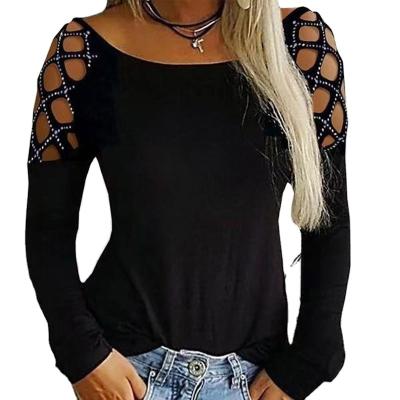 China Viable Women's Rhinestone T-Shirts And Tops Fall Winter For Long Sleeve Hollow Out Lady Shirt Fashion Blouse Shirts Women Volume for sale