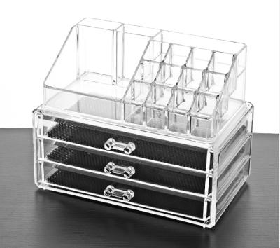 China Sustainable Makeup Cosmetics Organizer Clear Acrylic 3 Drawers 12 Grids Jewelry Display Box Storage for sale